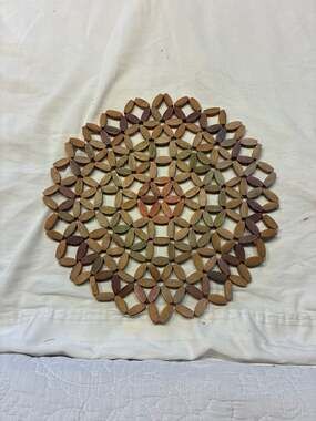 Vintage Handcrafted Wooden Beaded Flower Trivet Boho Wall Decor